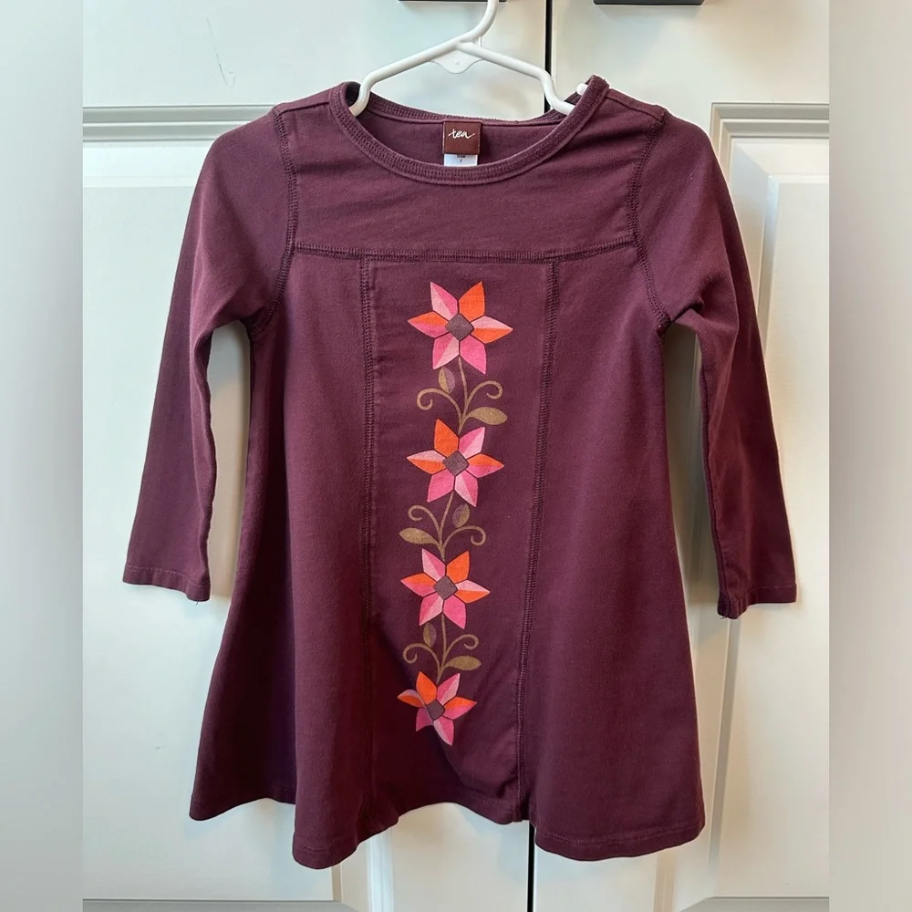 Tea Collection Burgundy and Floral Swing Dress (Size 2T)